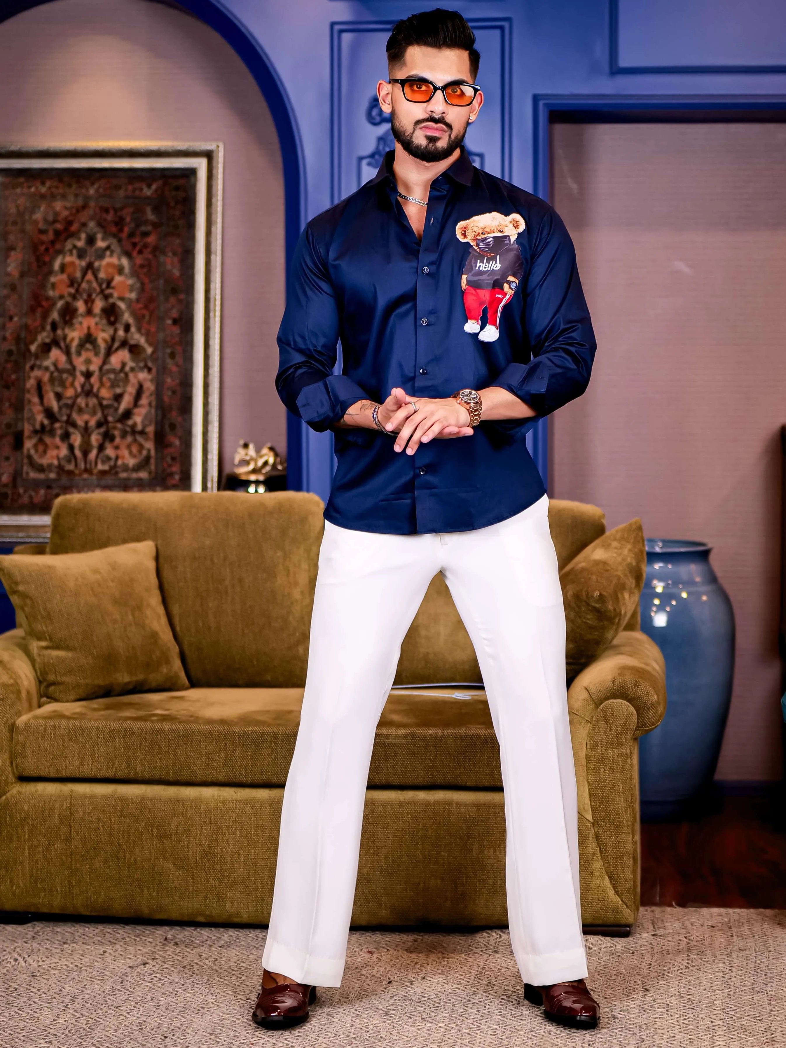 Navy Club Wear Hello Cartoon Printed Satin Cotton Shirt