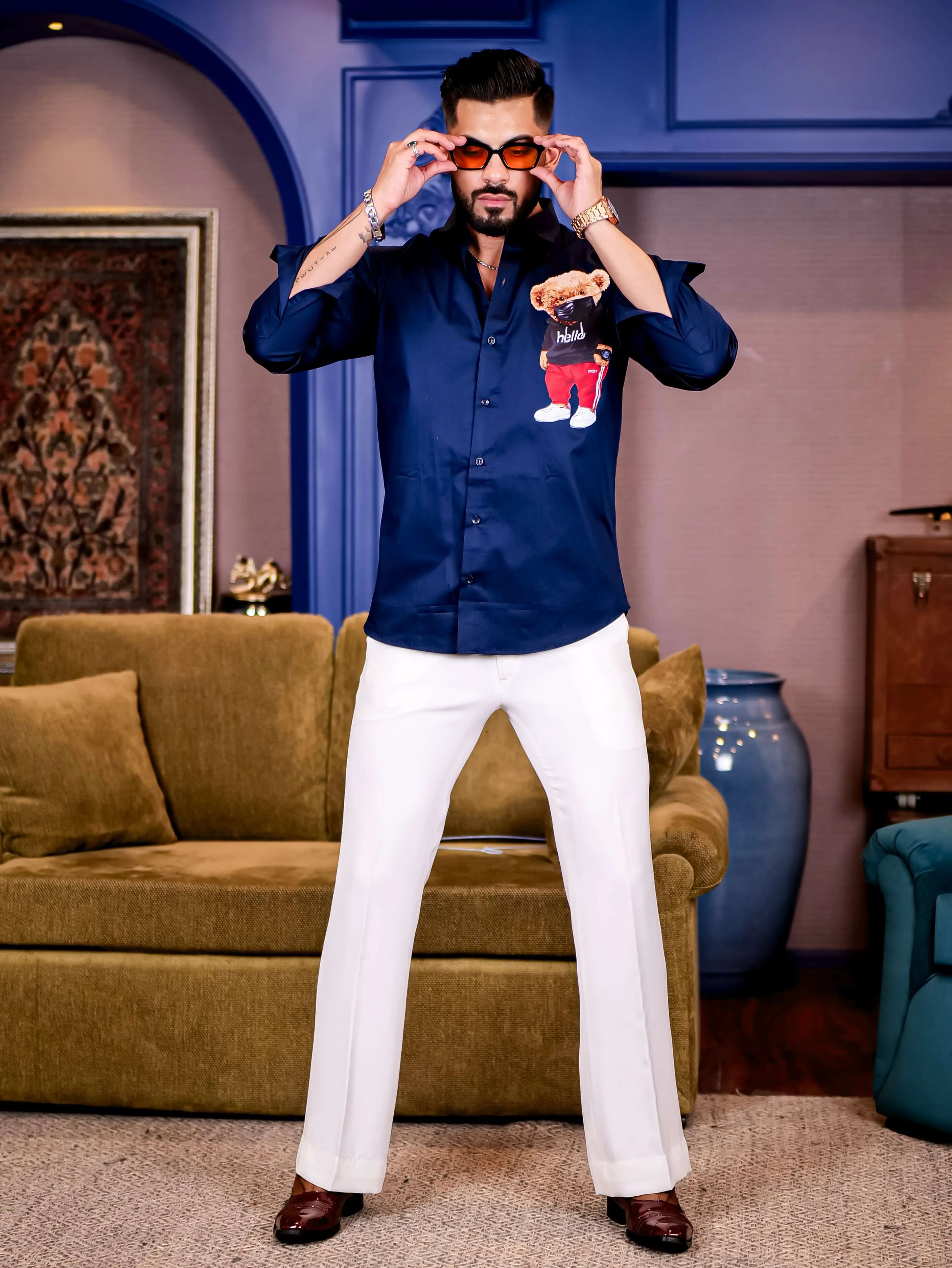 Navy Club Wear Hello Cartoon Printed Satin Cotton Shirt