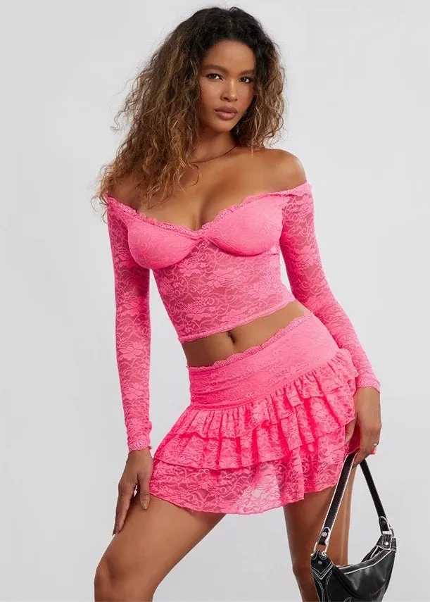 Off-Shoulder Crop Top & Pleated Layered Mini Skirt