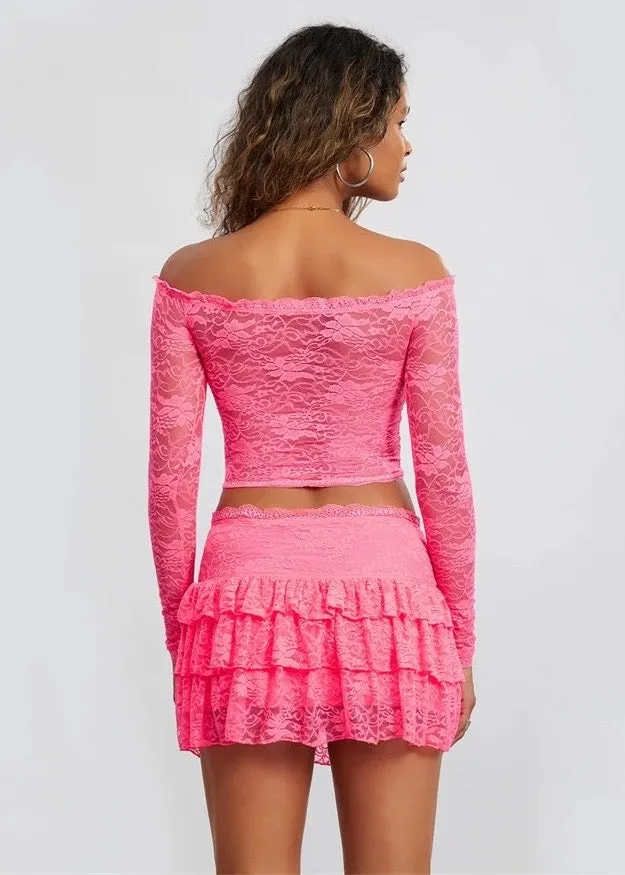 Off-Shoulder Crop Top & Pleated Layered Mini Skirt