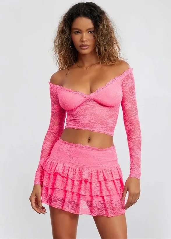 Off-Shoulder Crop Top & Pleated Layered Mini Skirt