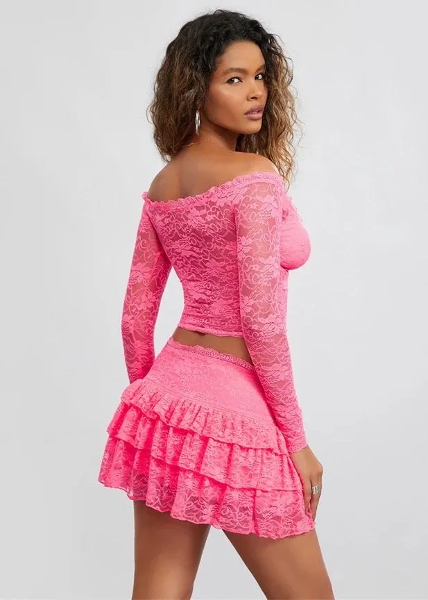Off-Shoulder Crop Top & Pleated Layered Mini Skirt