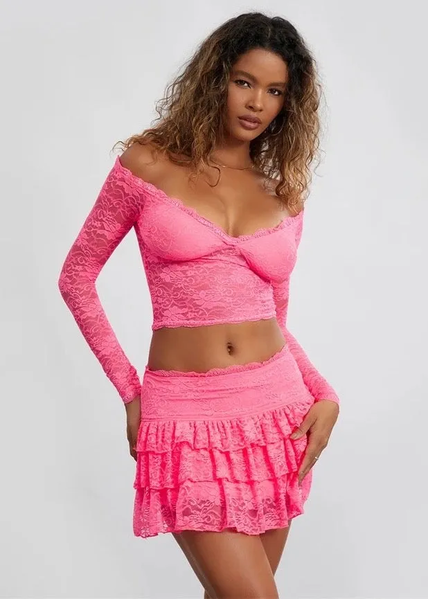 Off-Shoulder Crop Top & Pleated Layered Mini Skirt