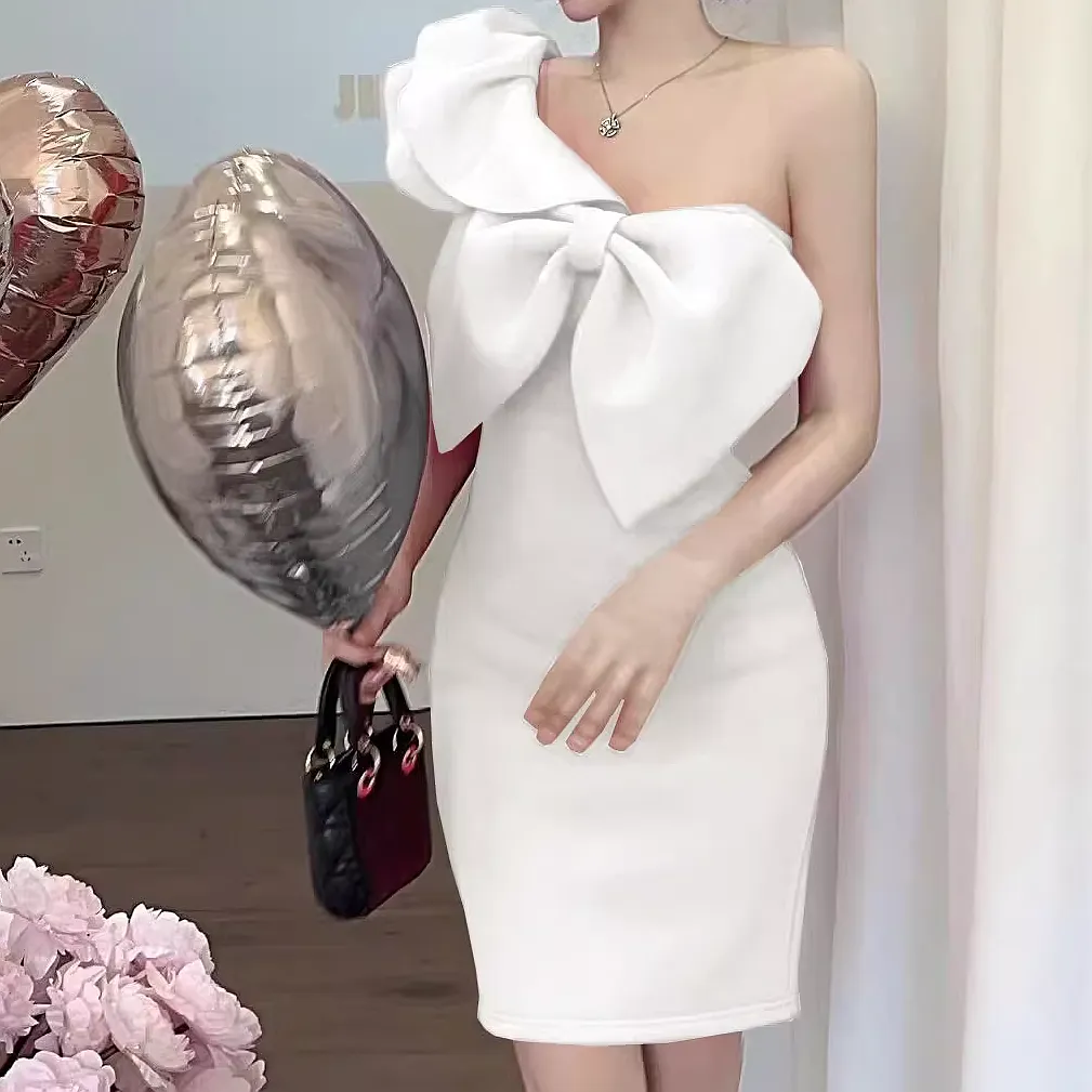 One Shoulder Bow Ruffle Bodycon Dress