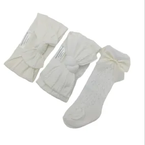 Our Pearl White Larger, Smaller Headband & Ivory Open Patterned Knee High Socks Set