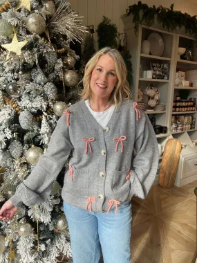 Pink Bow Grey Cardigan Jacket