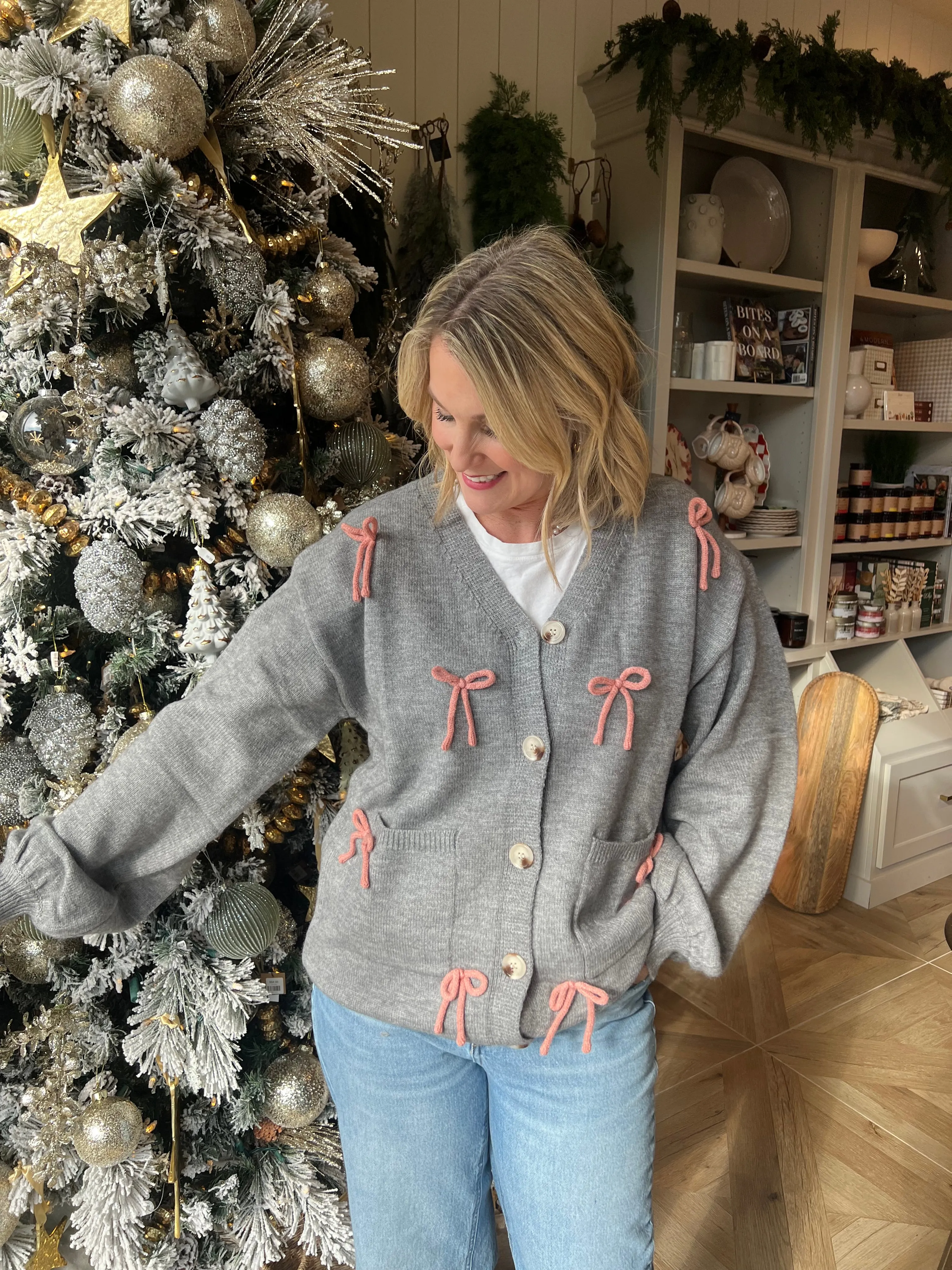 Pink Bow Grey Cardigan Jacket