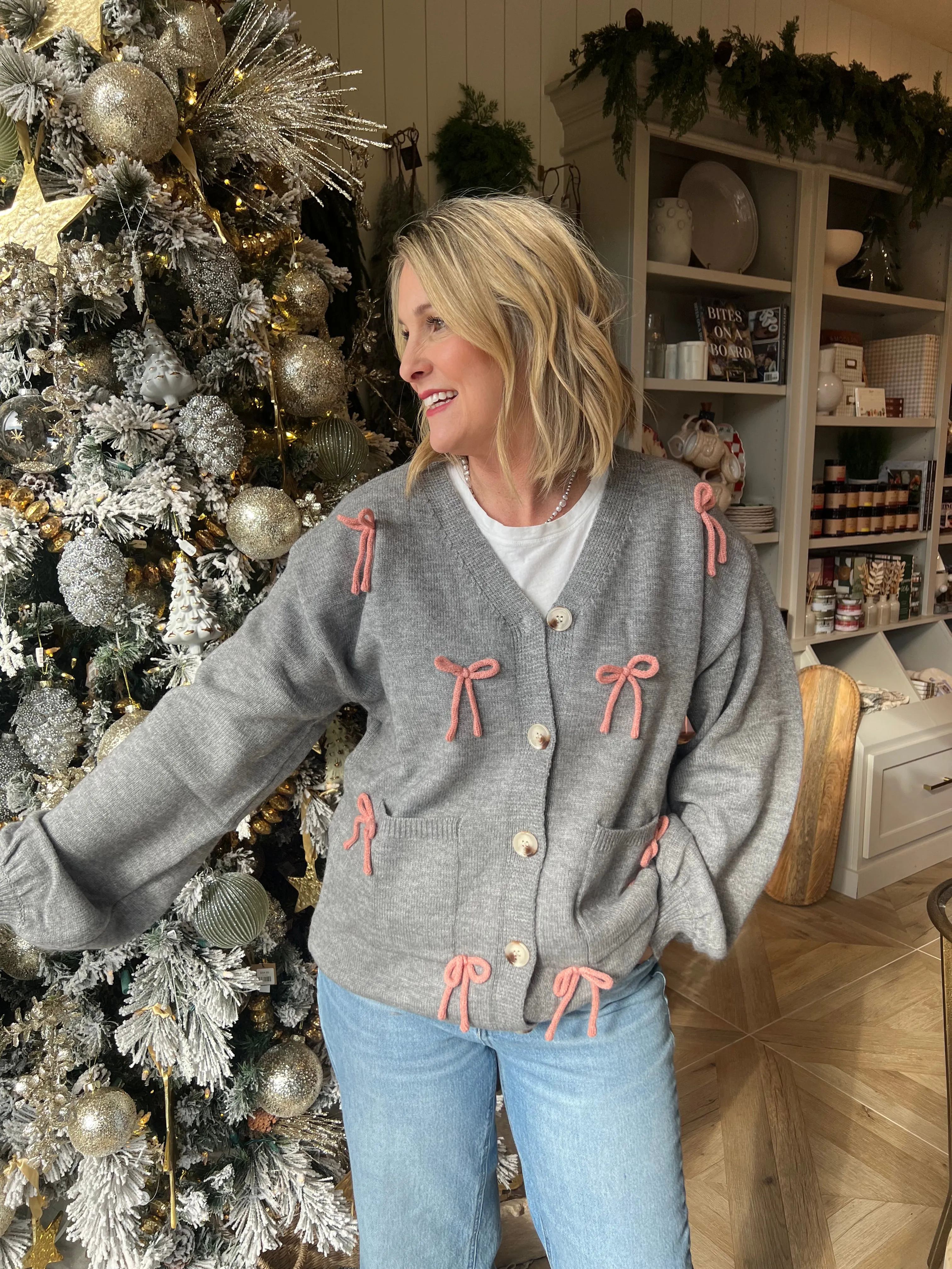 Pink Bow Grey Cardigan Jacket
