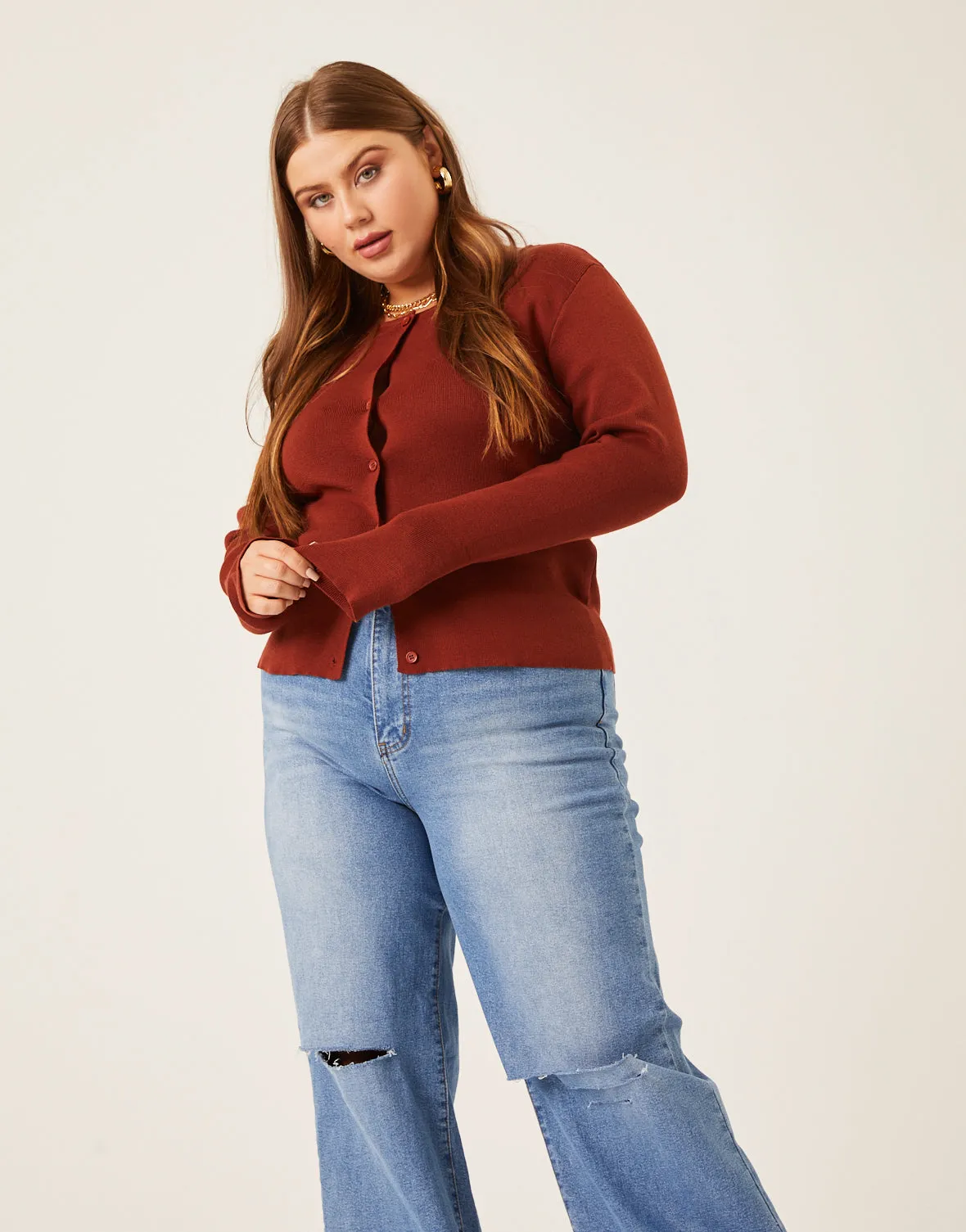 Plus Size Button Cardigan Knit Top