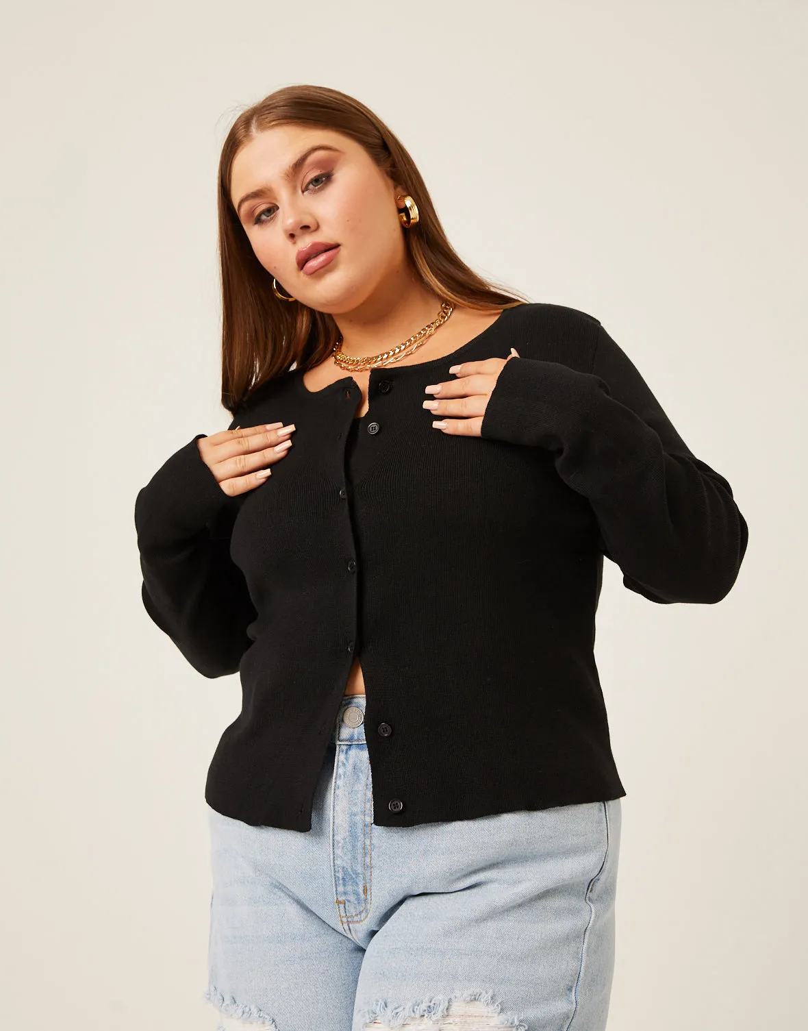 Plus Size Button Cardigan Knit Top