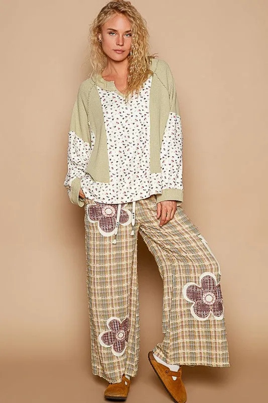 POL Waffle Knit Women Top Floral Sage Cotton Blend Long Sleeve Oversized