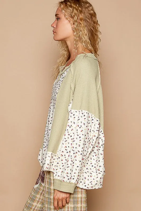 POL Waffle Knit Women Top Floral Sage Cotton Blend Long Sleeve Oversized