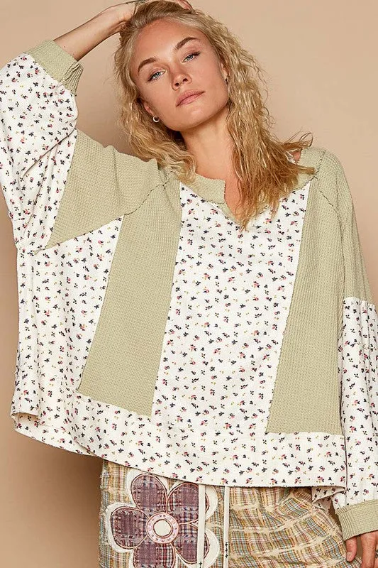 POL Waffle Knit Women Top Floral Sage Cotton Blend Long Sleeve Oversized