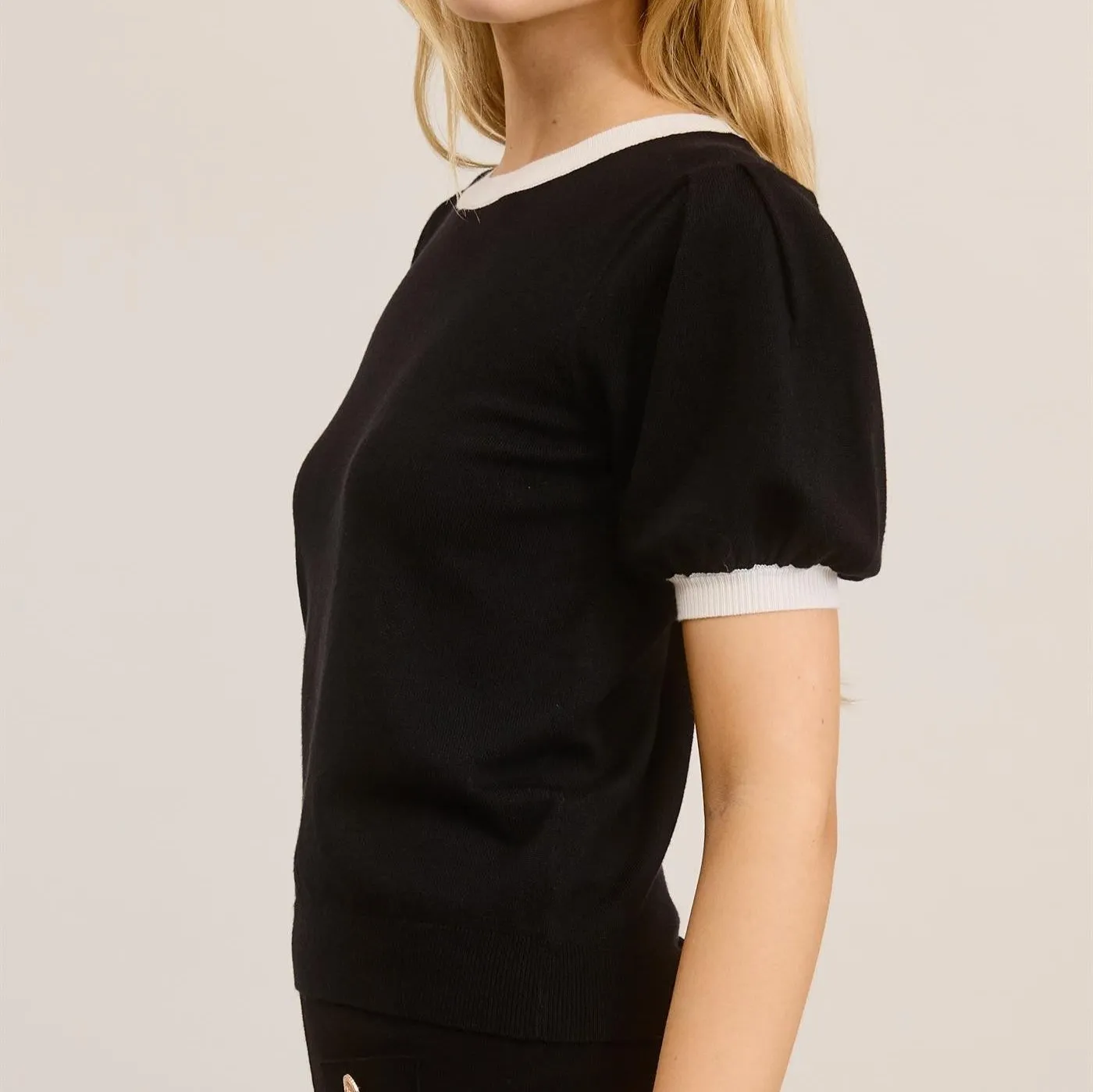 Puff Short-Sleeve Black Knit Top