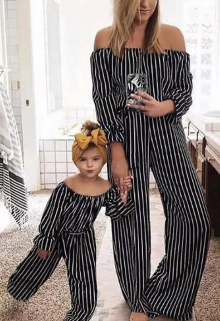 "Match in Style: GIRLS Black & White Striped Jumpsuit