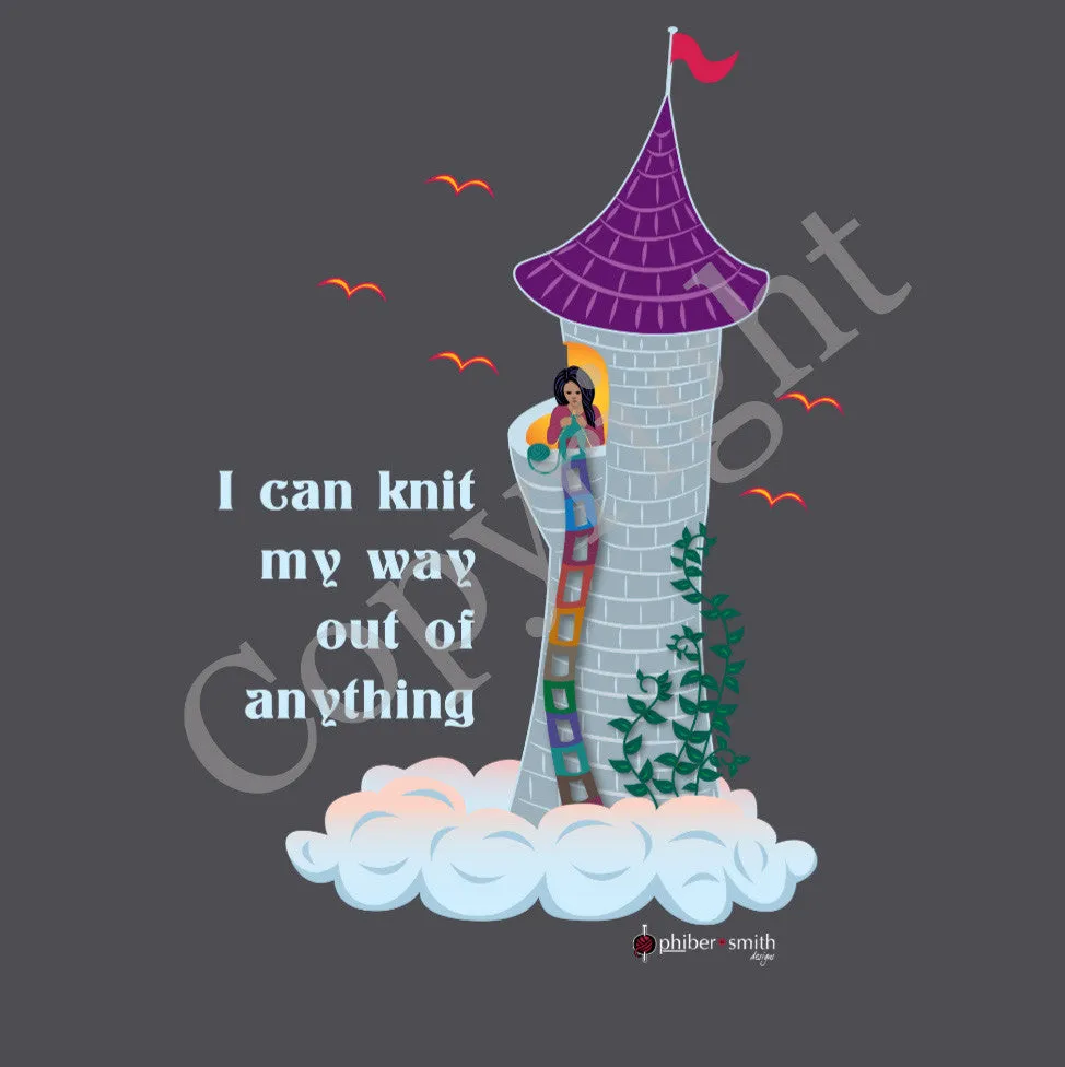 Rapunzel Knits T-shirt - "I can knit my way out of anything" - for knitters