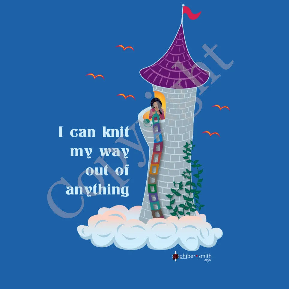 Rapunzel Knits T-shirt - "I can knit my way out of anything" - for knitters
