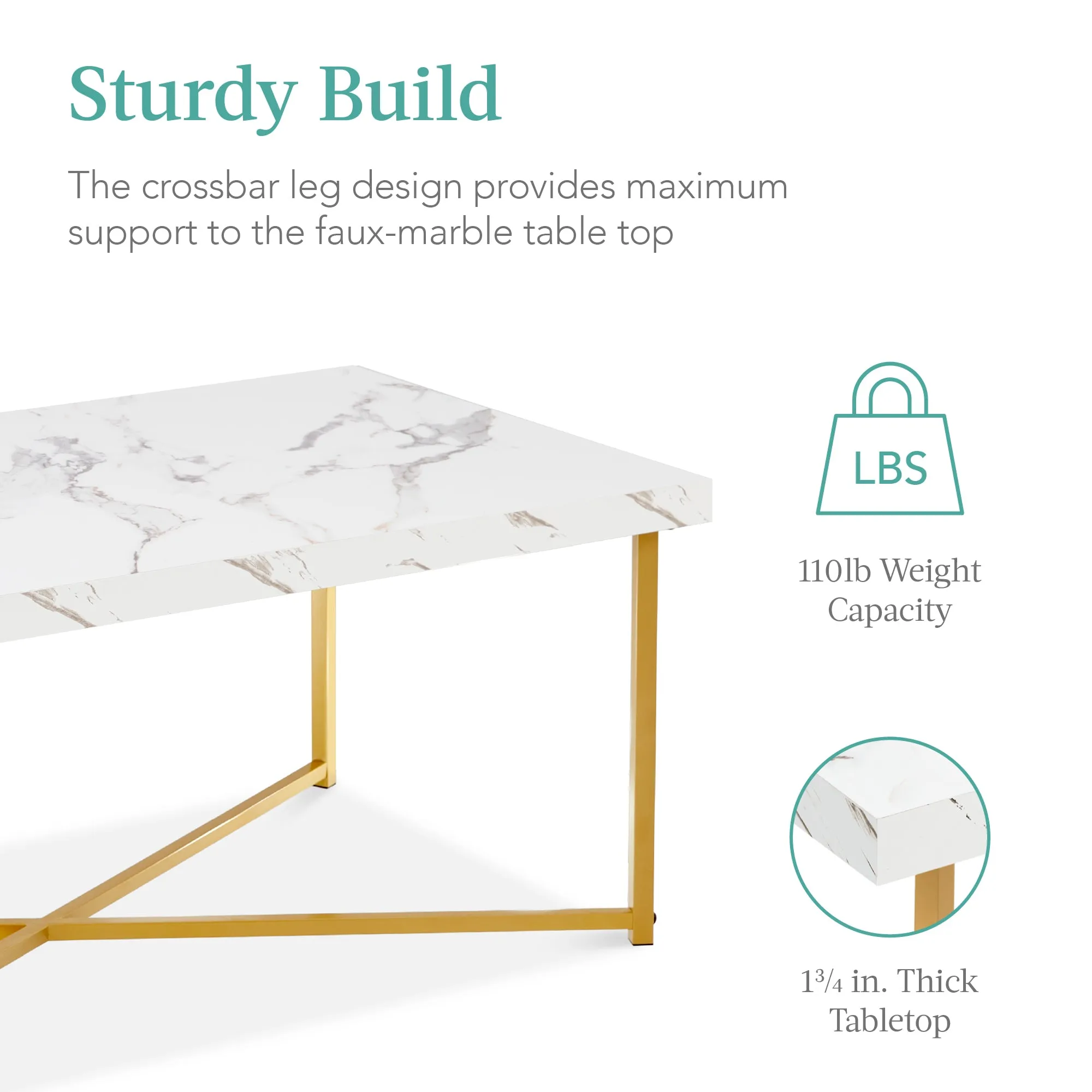 Rectangular Coffee Table w/ X-Base, Faux Marble Top, Non-Scratch Feet - 44in