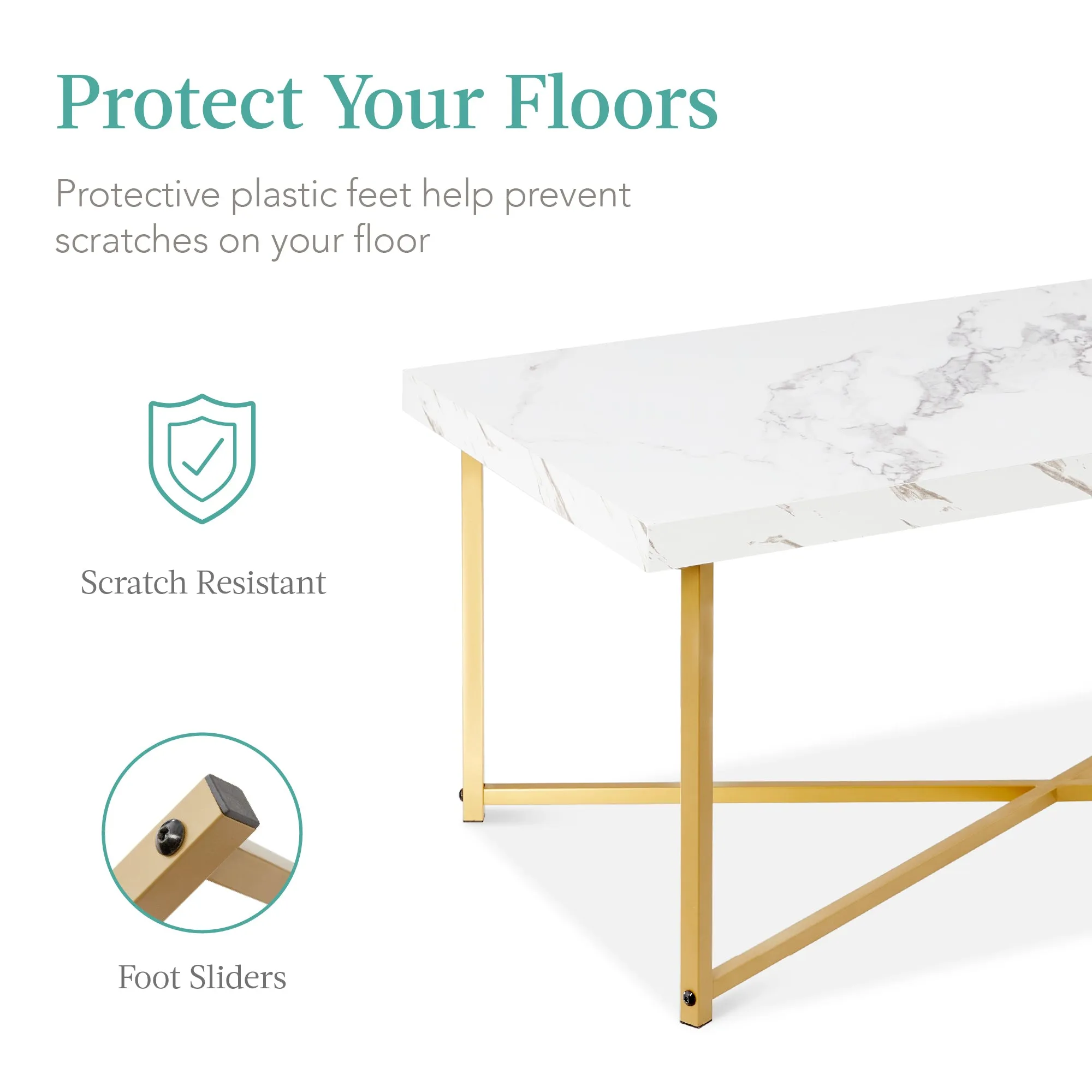 Rectangular Coffee Table w/ X-Base, Faux Marble Top, Non-Scratch Feet - 44in