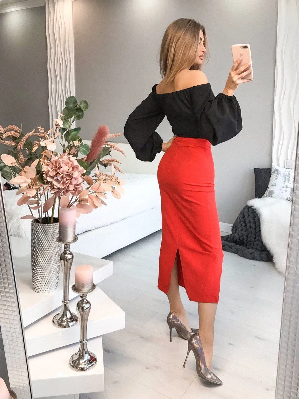 Red High Waist Pencil Skirt