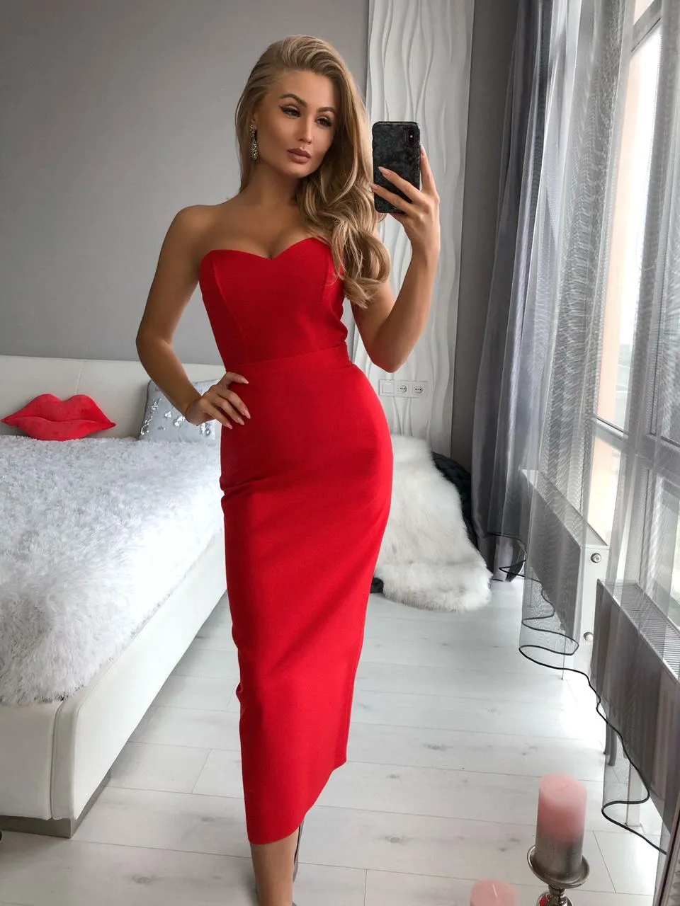 Red High Waist Pencil Skirt