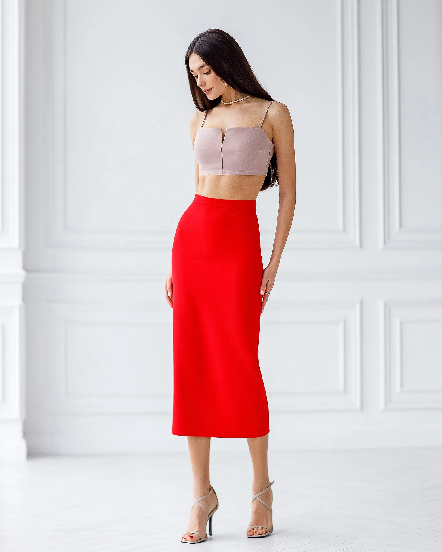 Red High Waist Pencil Skirt
