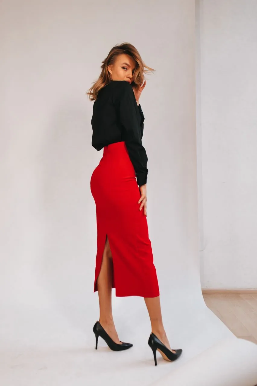 Red High Waist Pencil Skirt