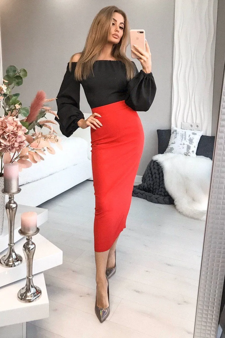 Red High Waist Pencil Skirt
