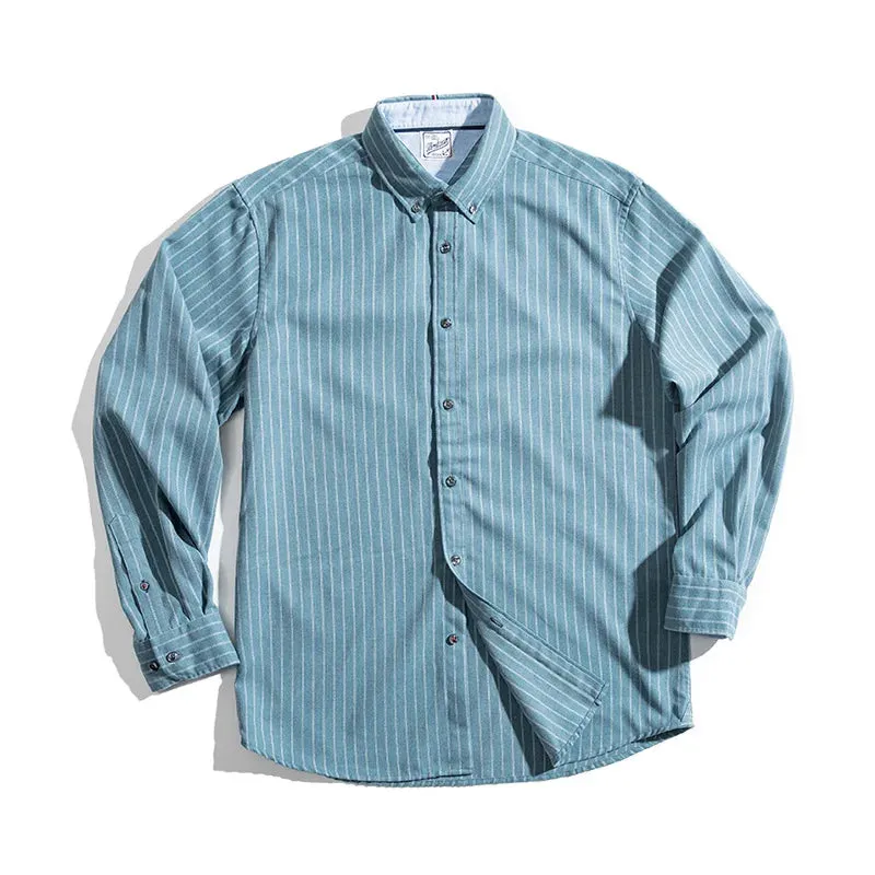 Retro Brushed Blue Vertical Stripe Shirt - Business Casual Long Sleeve