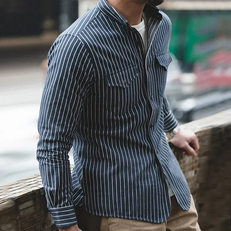 Retro Brushed Blue Vertical Stripe Shirt - Business Casual Long Sleeve