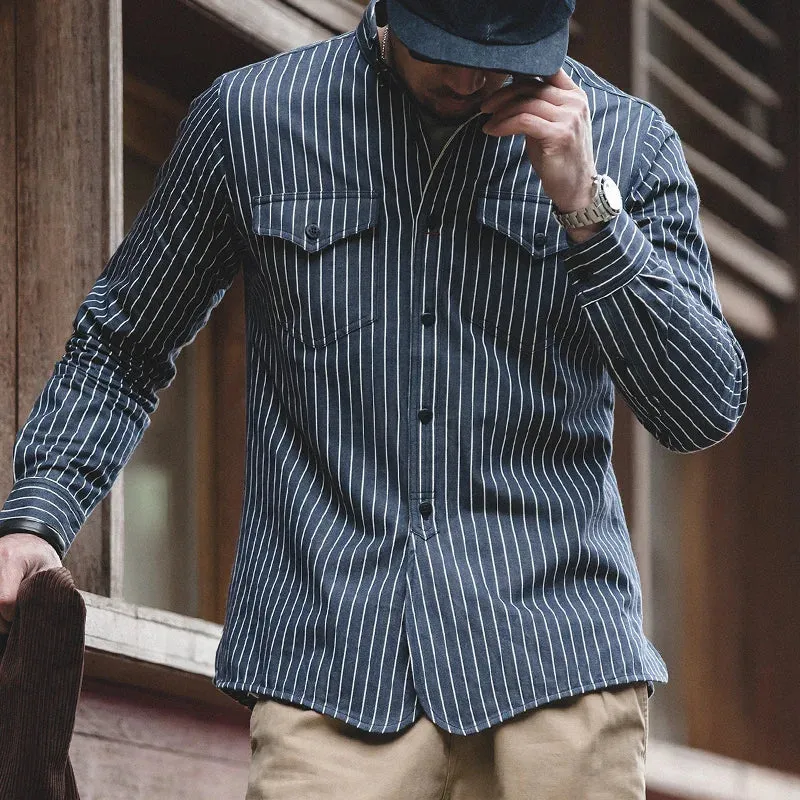 Retro Brushed Blue Vertical Stripe Shirt - Business Casual Long Sleeve
