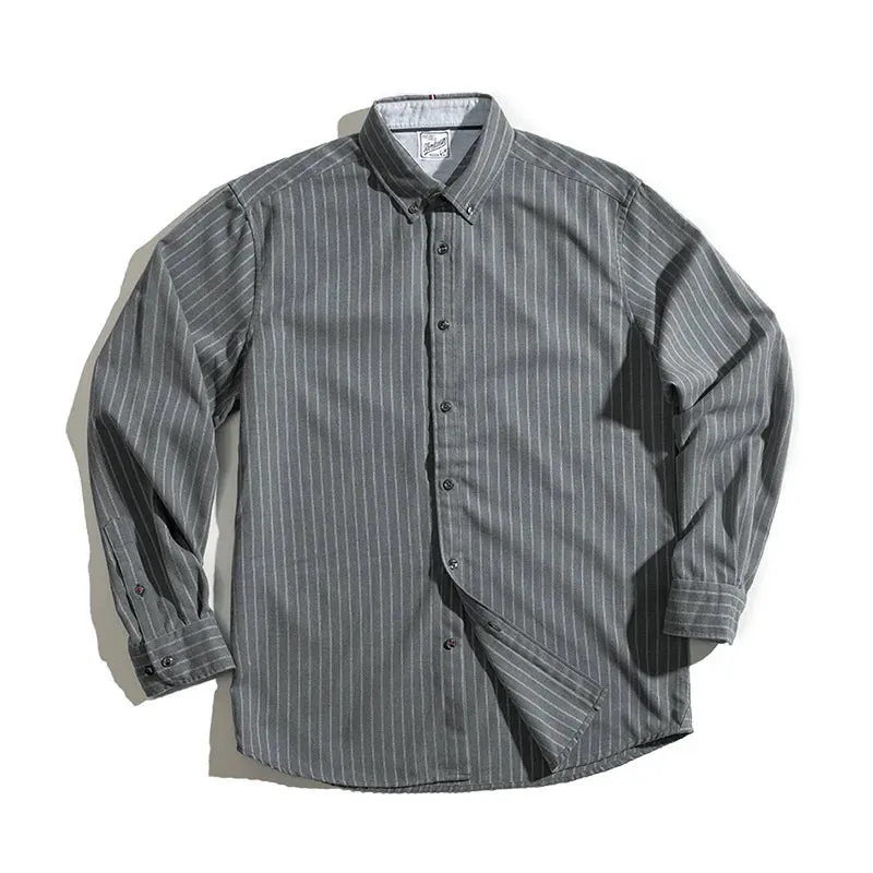 Retro Brushed Blue Vertical Stripe Shirt - Business Casual Long Sleeve
