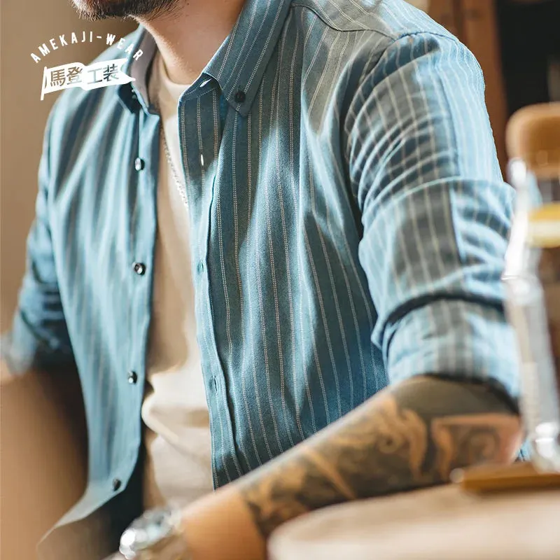 Retro Brushed Blue Vertical Stripe Shirt - Business Casual Long Sleeve