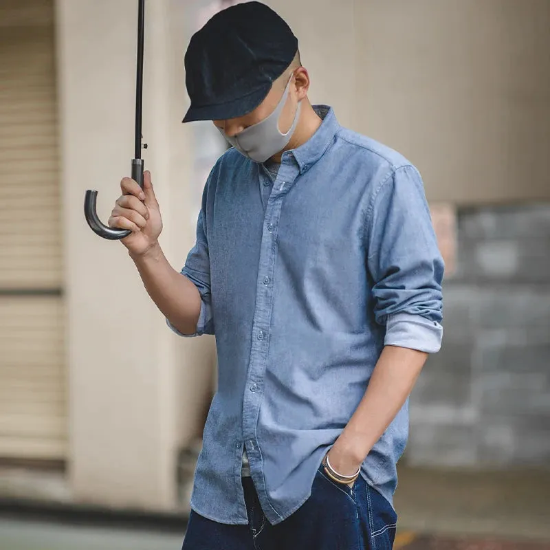 Retro Brushed Blue Vertical Stripe Shirt - Business Casual Long Sleeve