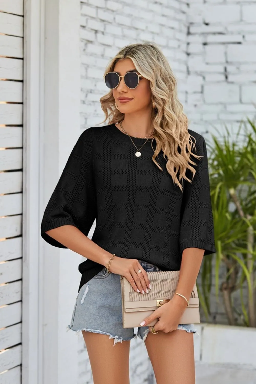 Ribbed Trim Round Neck Knit Top - 4 colors