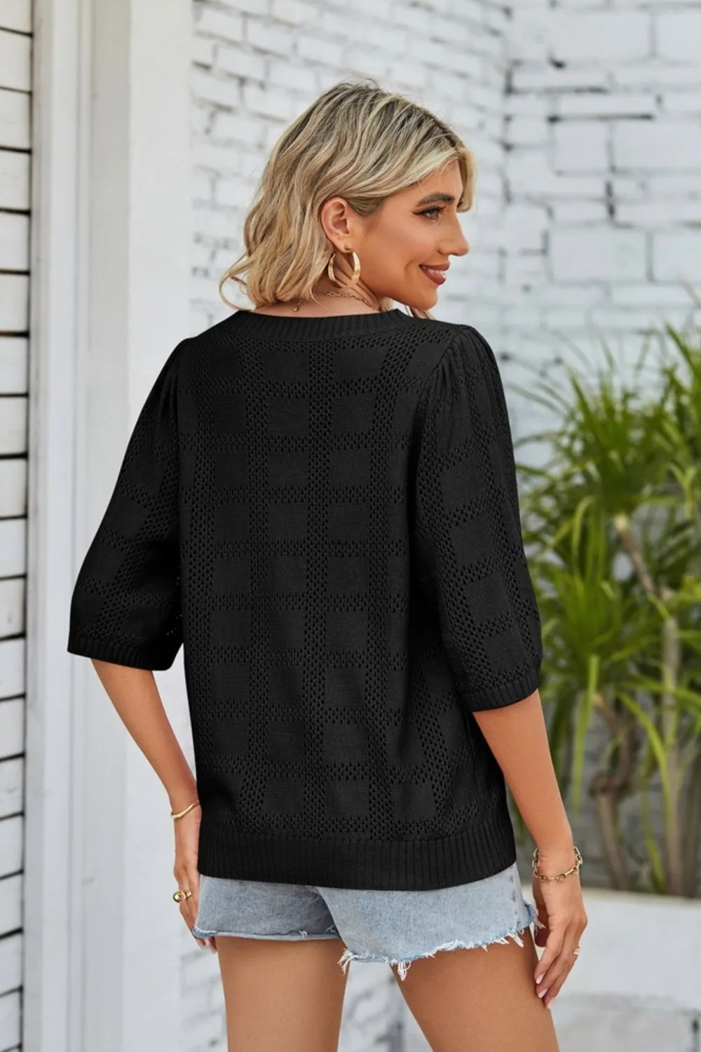 Ribbed Trim Round Neck Knit Top - 4 colors