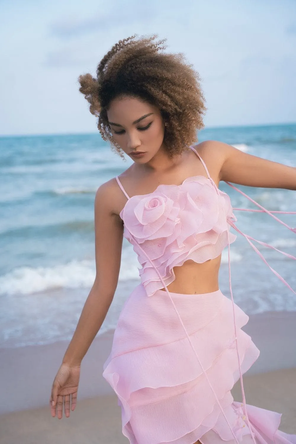 Rose Cropped Camisole Organza Crop Top & Layered Ruffled Mini Skirt