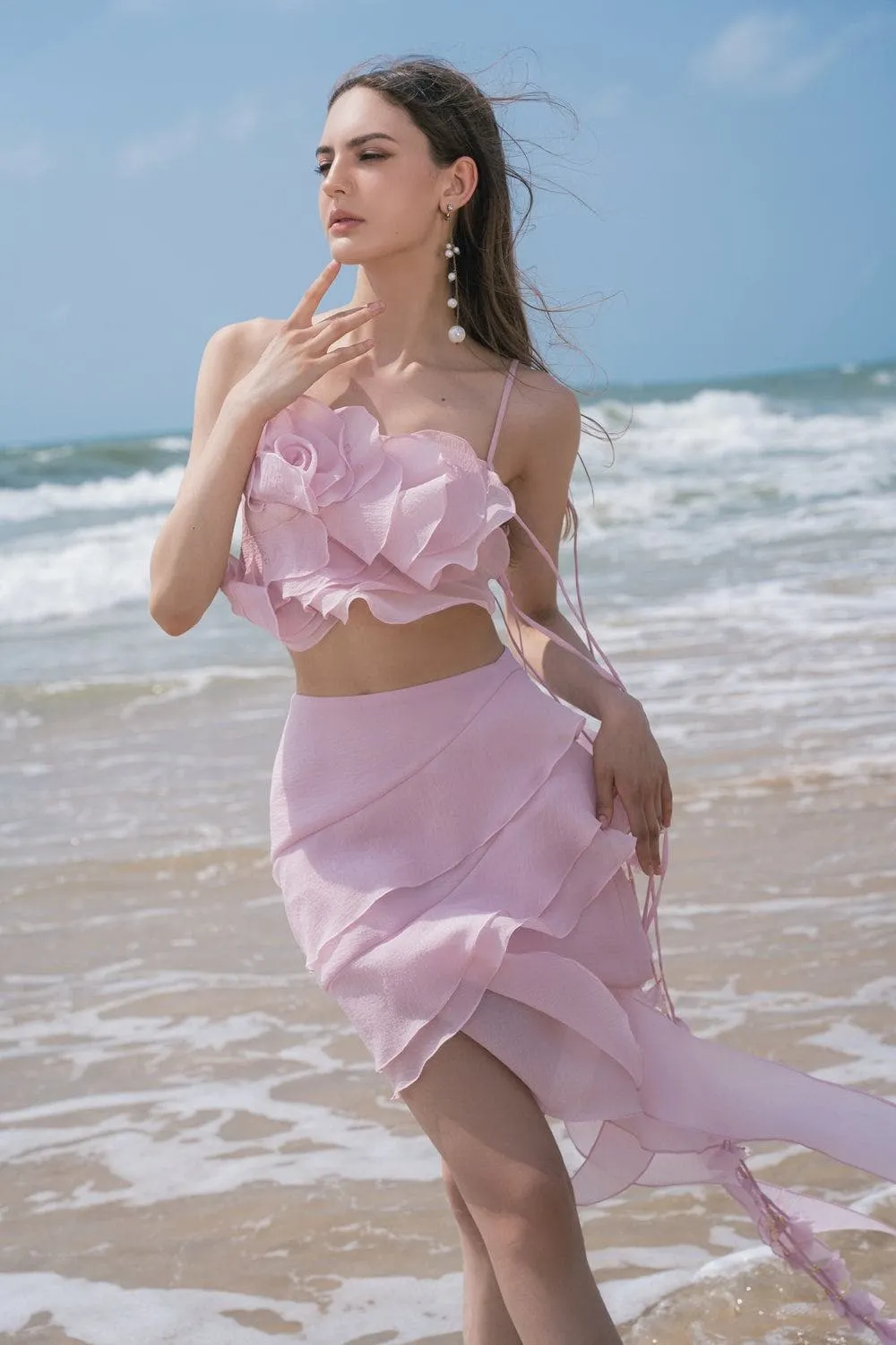 Rose Cropped Camisole Organza Crop Top & Layered Ruffled Mini Skirt