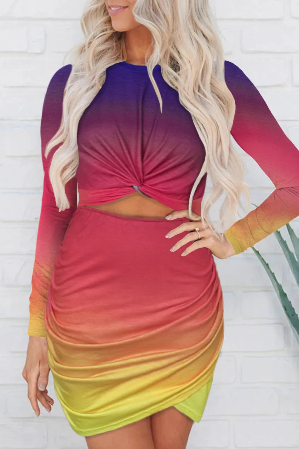Ruched Cut Out Full Sleeve Bodycon Dress