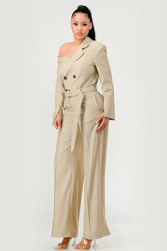 Savannah Elegance Khaki Trench Style Jumpsuit
