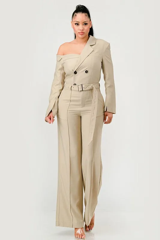 Savannah Elegance Khaki Trench Style Jumpsuit