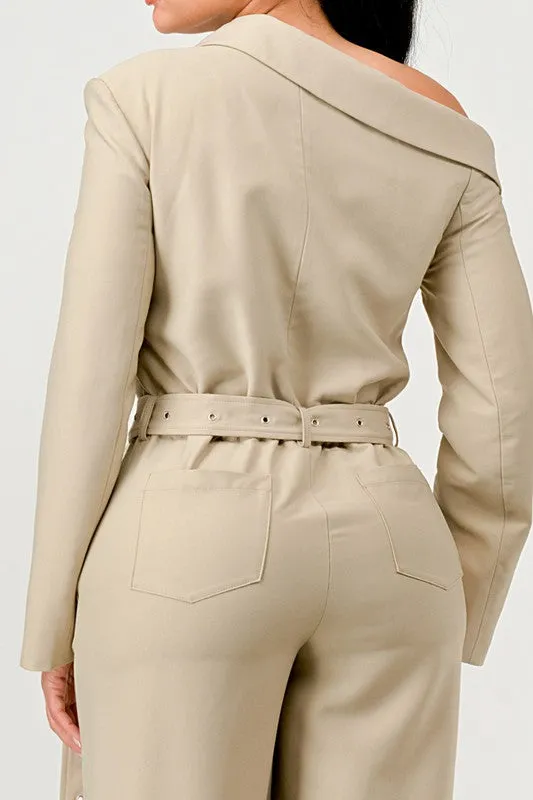 Savannah Elegance Khaki Trench Style Jumpsuit