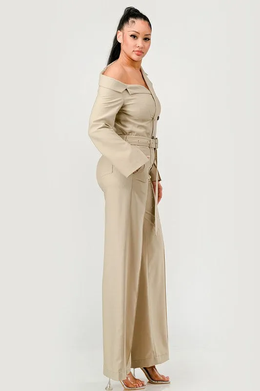 Savannah Elegance Khaki Trench Style Jumpsuit