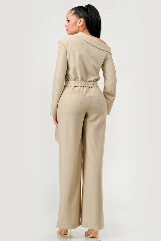 Savannah Elegance Khaki Trench Style Jumpsuit