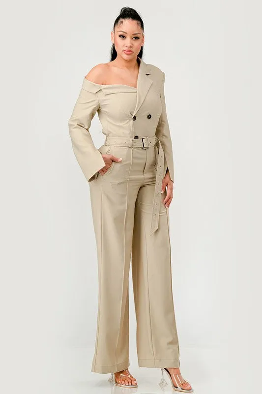 Savannah Elegance Khaki Trench Style Jumpsuit
