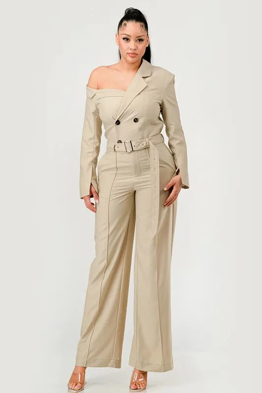 Savannah Elegance Khaki Trench Style Jumpsuit