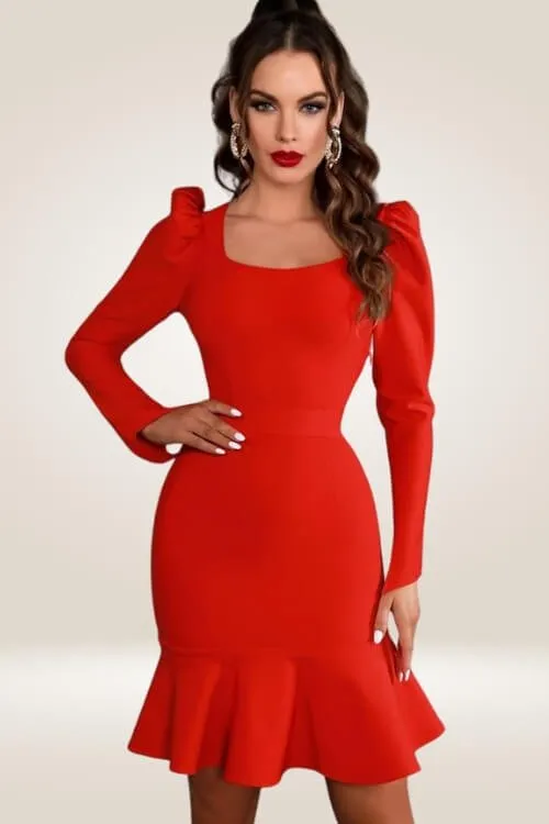 Siren Flare Long Sleeve red Midi Bodycon Dress