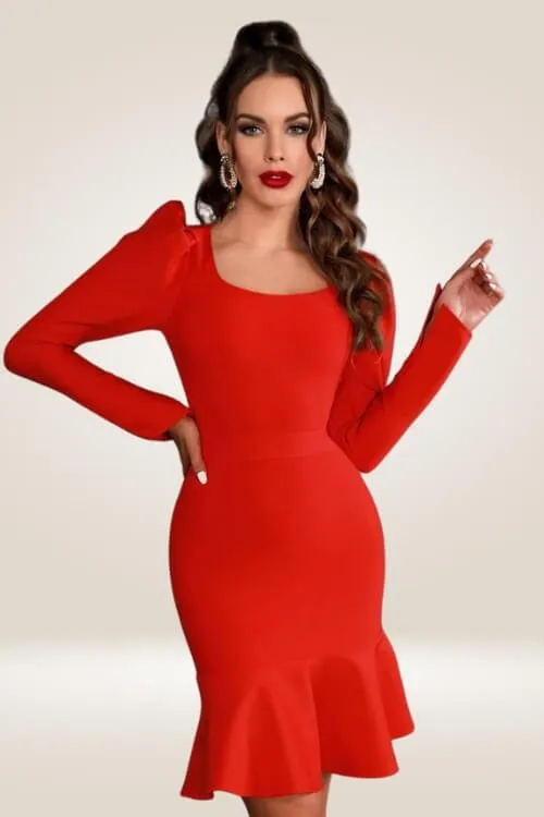 Siren Flare Long Sleeve red Midi Bodycon Dress