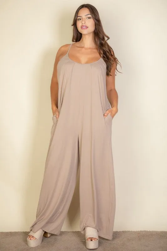 Solid Black Spaghetti Plus Strap Wide Jumpsuit