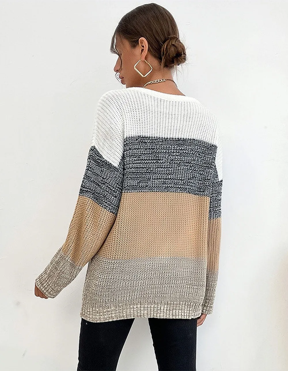 Solid-color Round Neck Loose Long Sleeve Knit Top